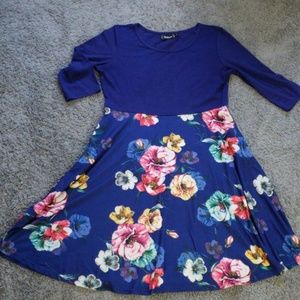 Blue Mixed Print Dress with Full Floral Skirt